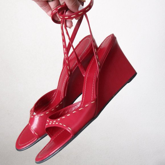 FRANCO SARTO Red Ankle Strap Wedge Heels Open Toe Sandals Sexy Chic Pair! - Picture 13 of 13